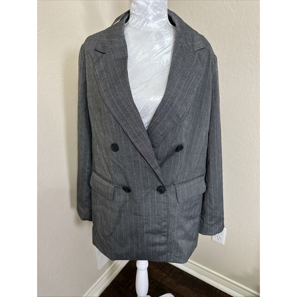A New Day Women's Small Double Breasted Blazer Jacket Back‎ Slit Mid Length Gray